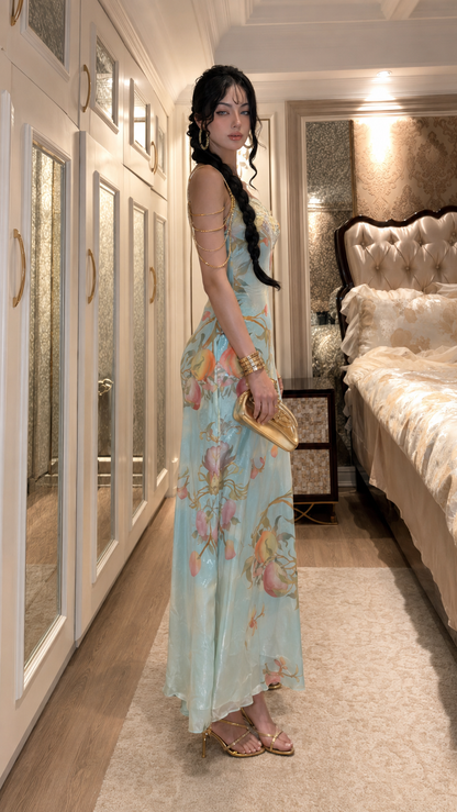 Sky blue floral lace trim satin-look slip maxi dress side view
