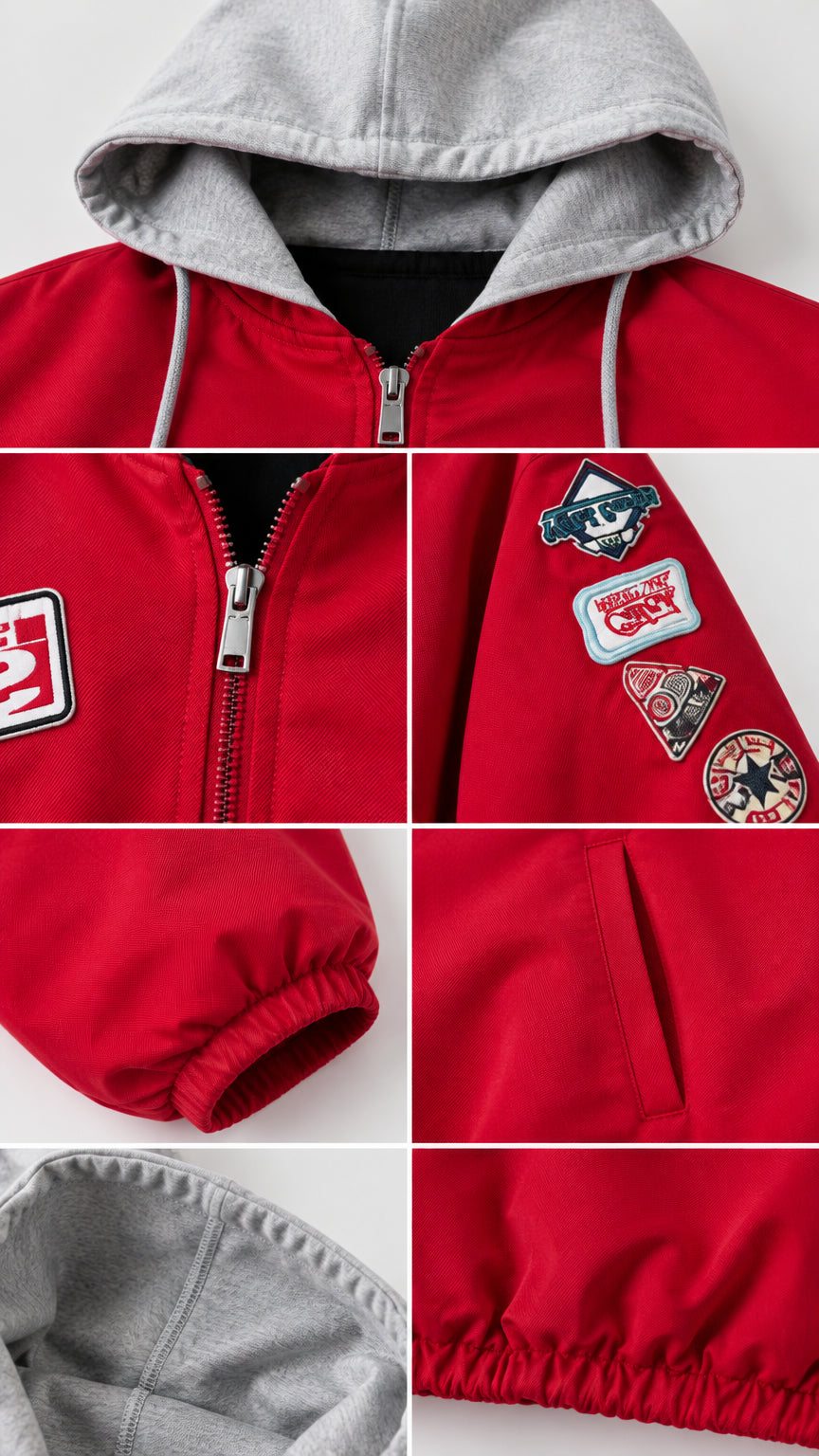 Close-up collage of red jacket details including hood, zipper pull, sleeve patches, cuff, and pocket