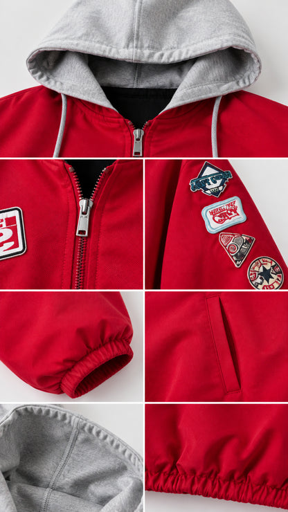 Close-up collage of red jacket details including hood, zipper pull, sleeve patches, cuff, and pocket