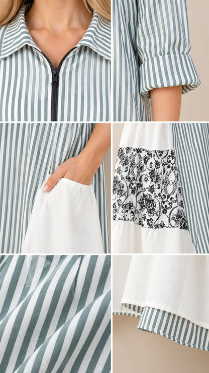 Close-up detail shots showing zipper collar, cuffed sleeve, pocket, and floral fabric
