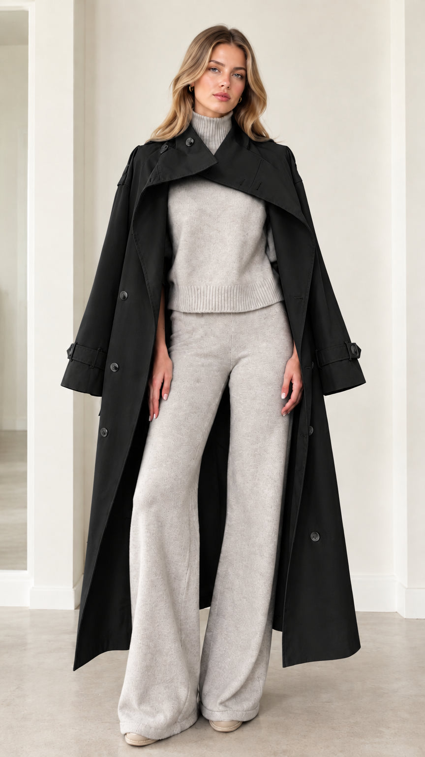 Full-length front view of black cape-collar maxi trench coat