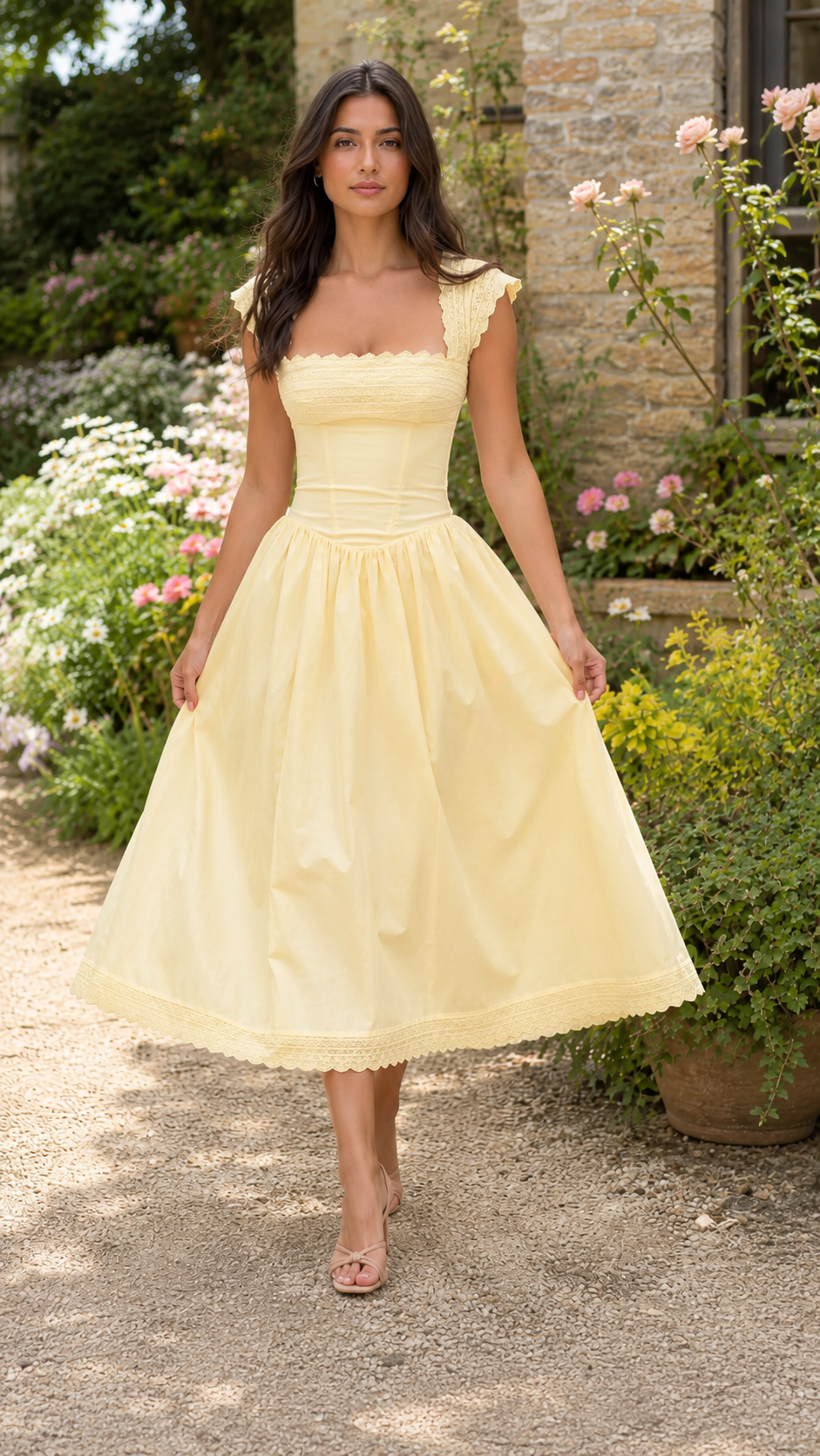 Front view of butter yellow scalloped square neck midi dress