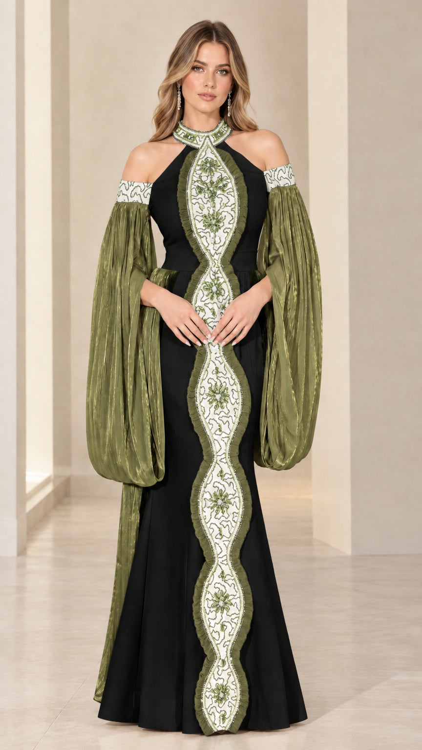 Black and olive halter evening gown with dramatic pleated sleeves