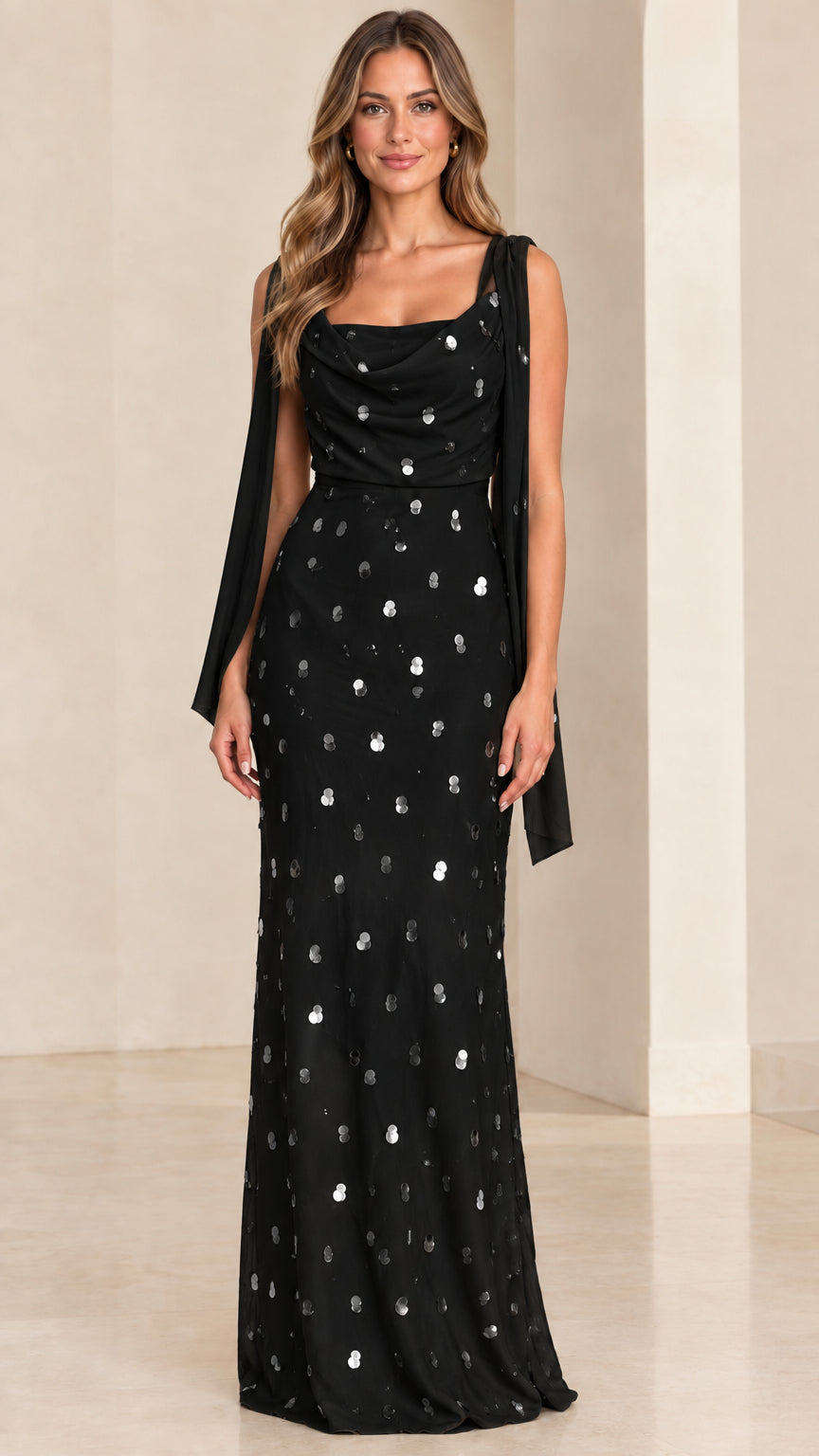 Black sequined cowl neck maxi formal evening gown