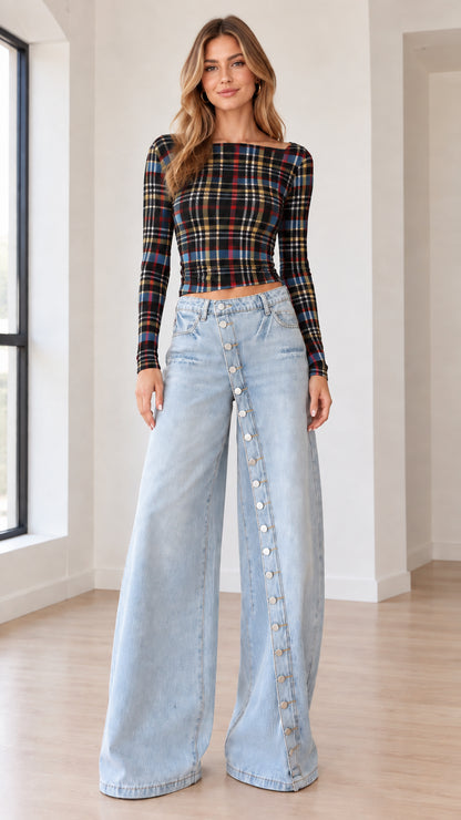 Model wearing Black Plaid long sleeve boatneck crop top