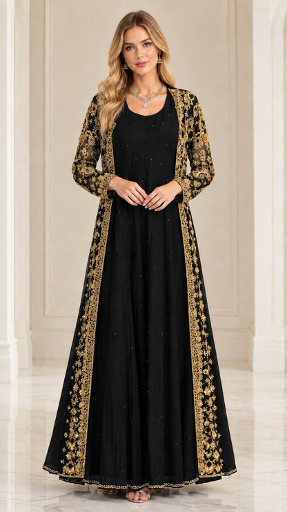 Classic black floor length evening gown with gold embroidered sheer overlay jacket