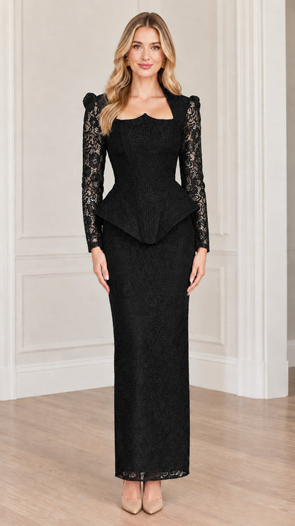 Front full-length view of model wearing the peplum lace maxi dress in black