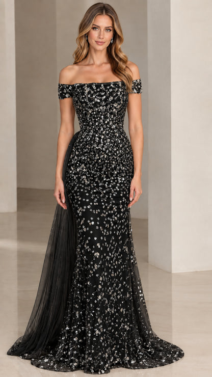 Full-length black off-the-shoulder sequin mermaid gown with matching black tulle train