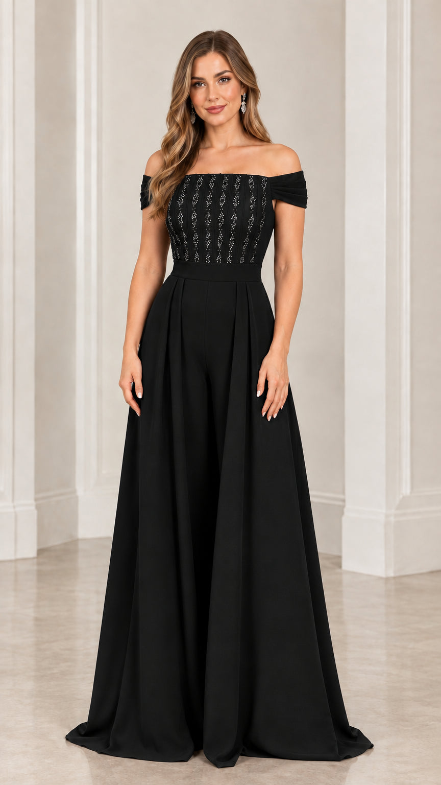 Black off-the-shoulder embellished wide-leg evening jumpsuit