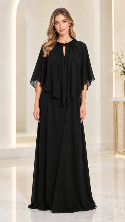 Front view of black chiffon capelet evening gown