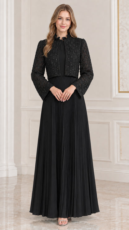 Black two-piece formal evening dress with beaded lace jacket and pleated maxi skirt