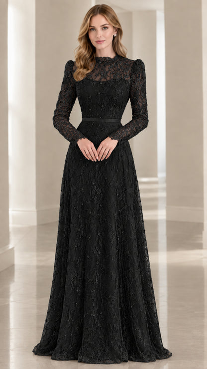 Model wearing black long-sleeve floral lace maxi formal evening gown