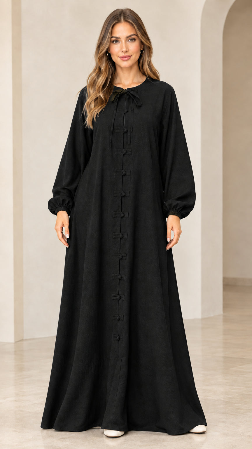 Black long sleeve tie neck maxi dress