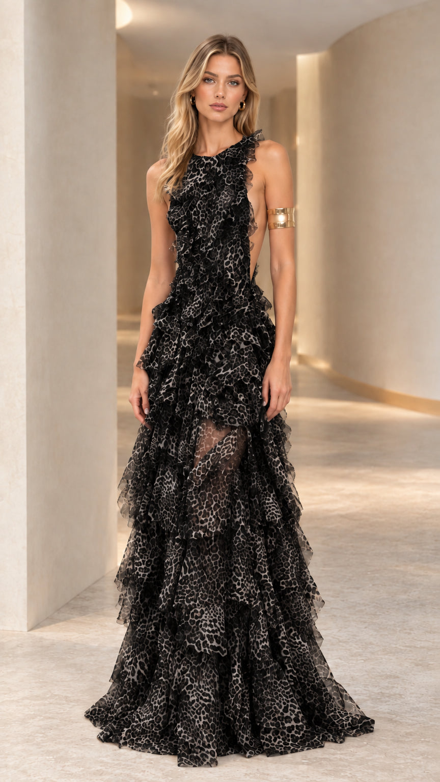 Midnight Black leopard print tiered ruffle backless maxi dress front view