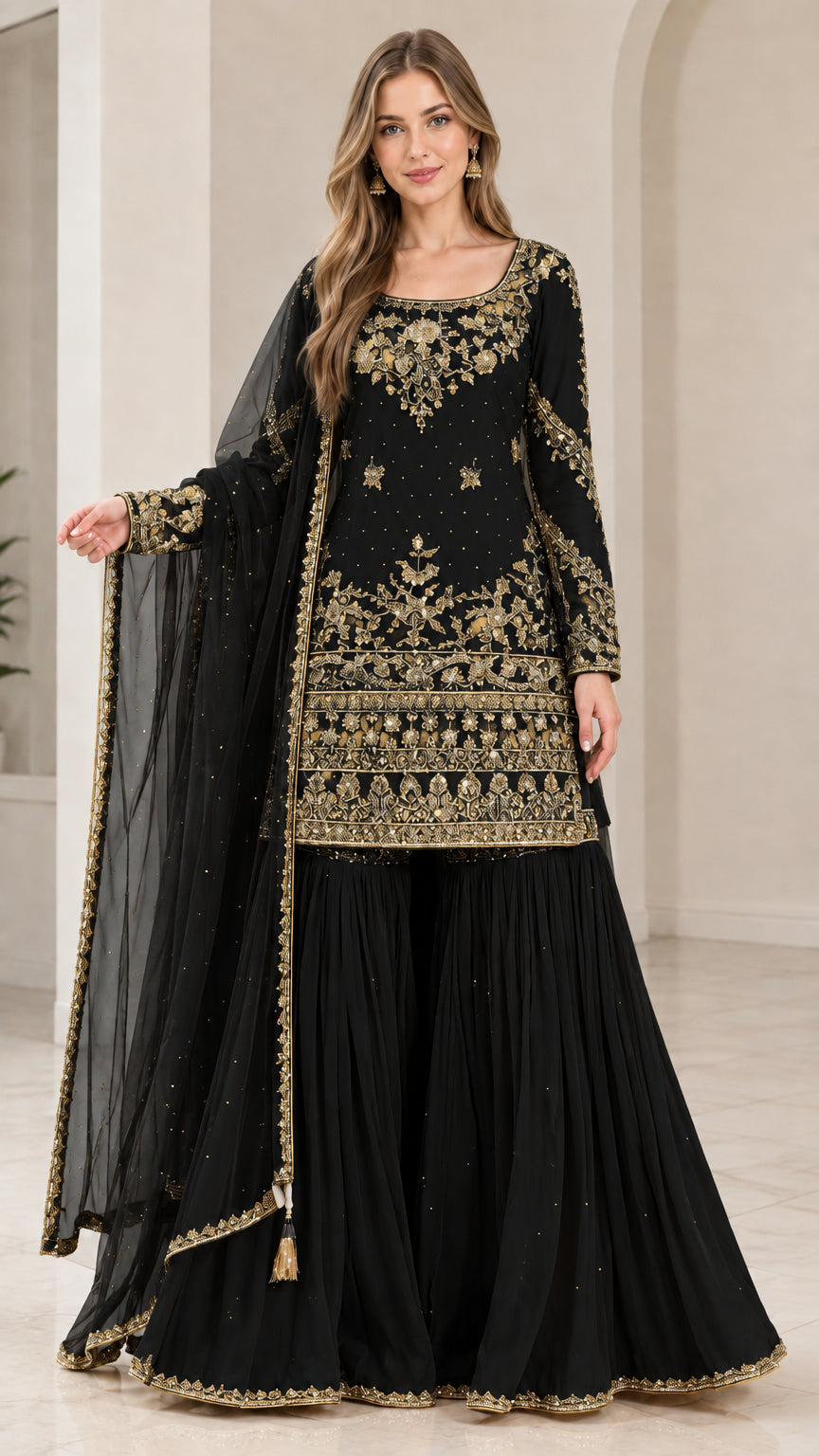 Full-length view of woman wearing Black gold-embroidered 3-piece sharara suit set