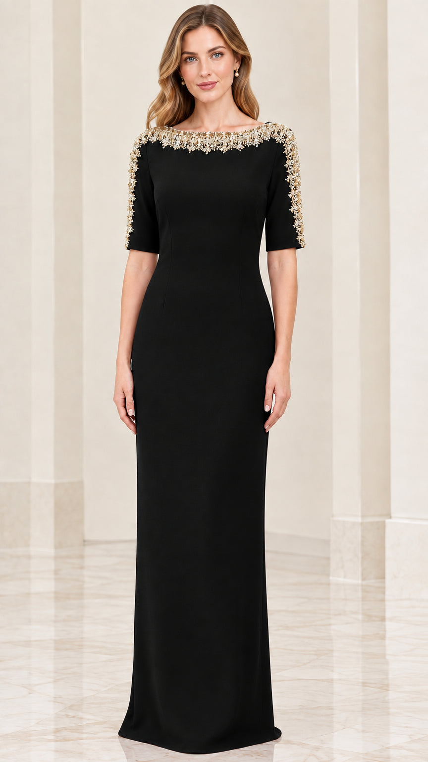 Front full-length view of model wearing black embellished bateau neck evening gown