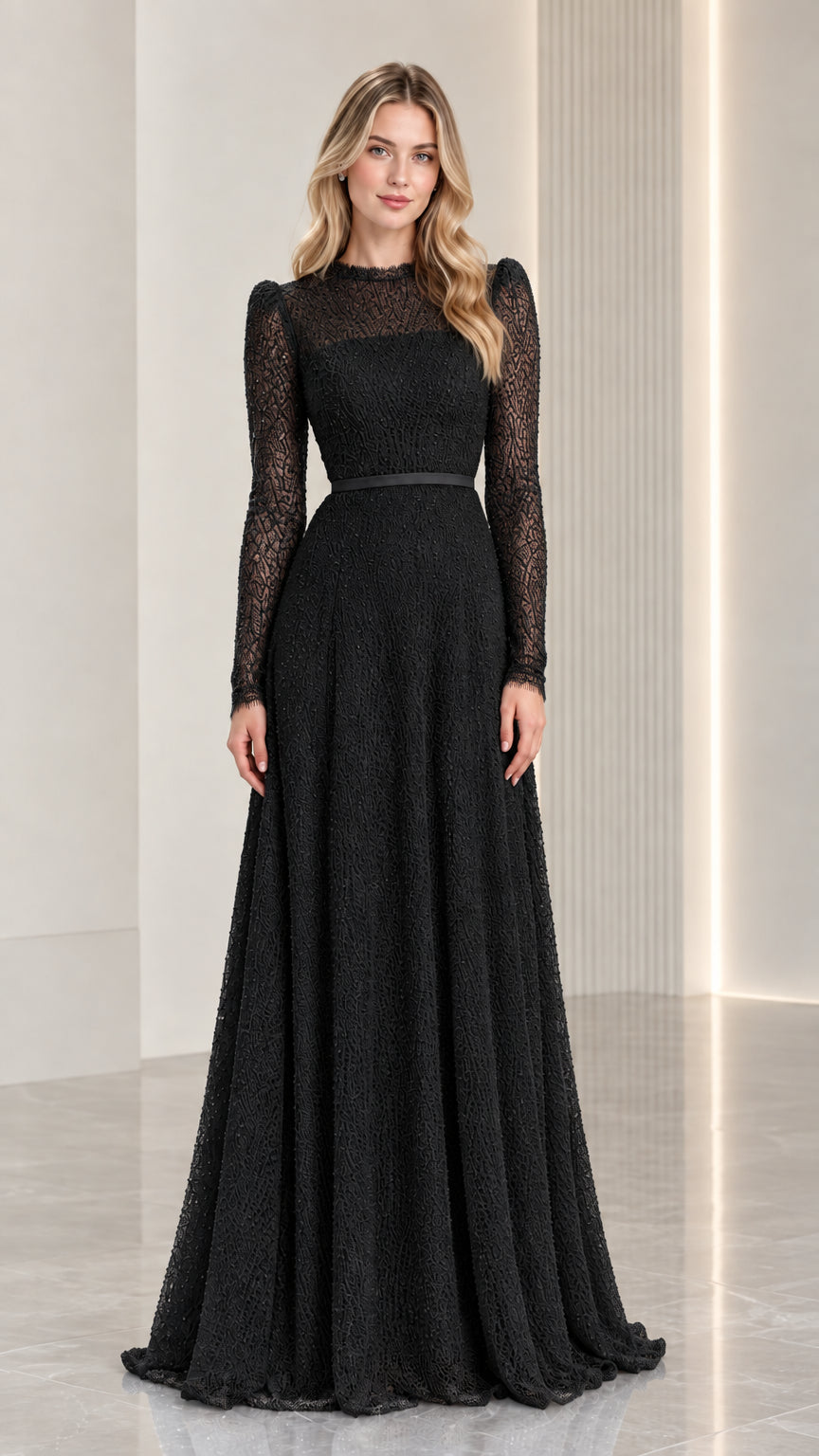 Full-length black illusion high neck long sleeve evening gown