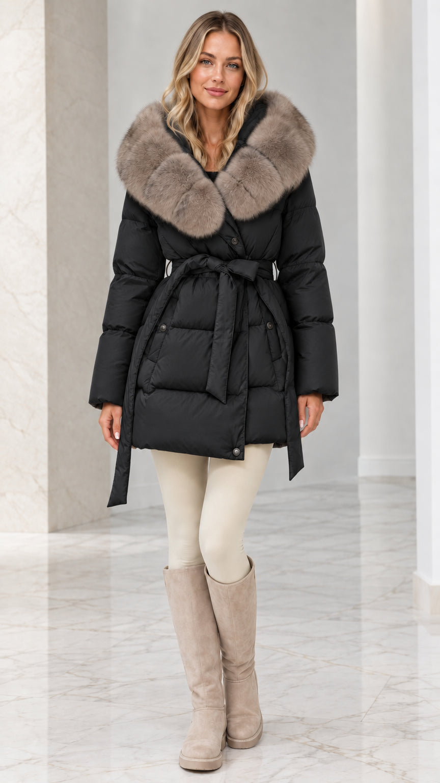 Model wearing Black belted quilted puffer coat with plush faux fur collar