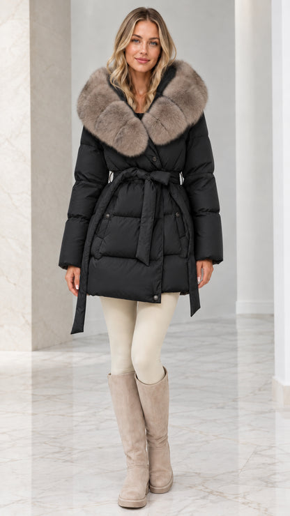 Model wearing Black belted quilted puffer coat with plush faux fur collar