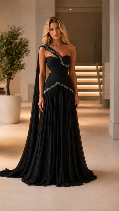 Black one-shoulder pleated evening gown with beaded trim and floor-length skirt