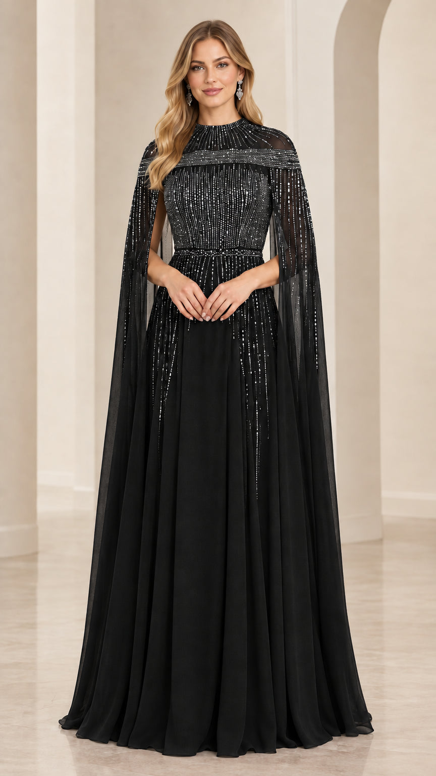 Black beaded cape sleeve formal evening gown