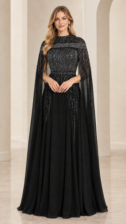 Black beaded cape sleeve formal evening gown