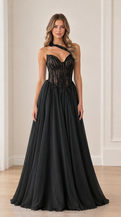 Model wearing Black asymmetrical one-shoulder corset formal evening gown