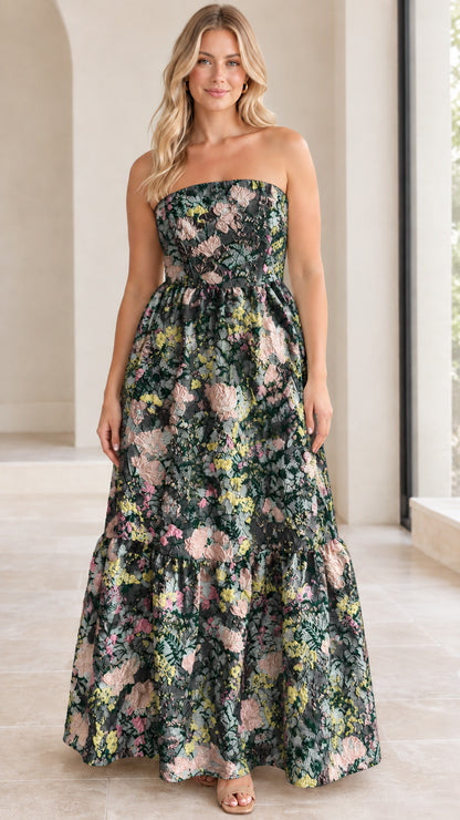 Front full view of strapless floral jacquard maxi dress in dark green