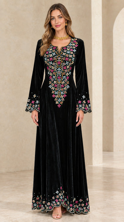 Black embroidered velvet long sleeve maxi dress