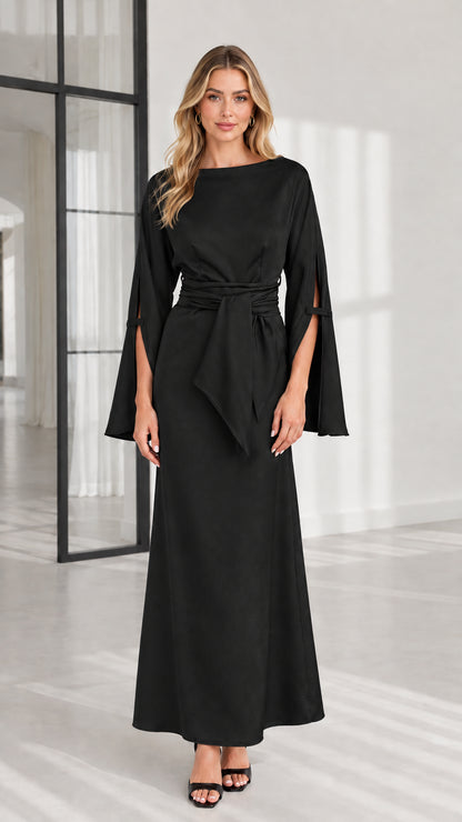 Front view of black long sleeve split sleeve formal maxi dress