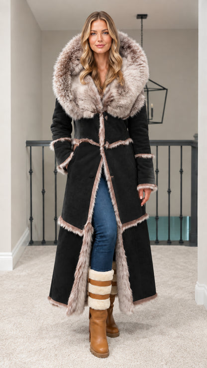 Full length black hooded faux suede maxi coat with plush faux fur trim