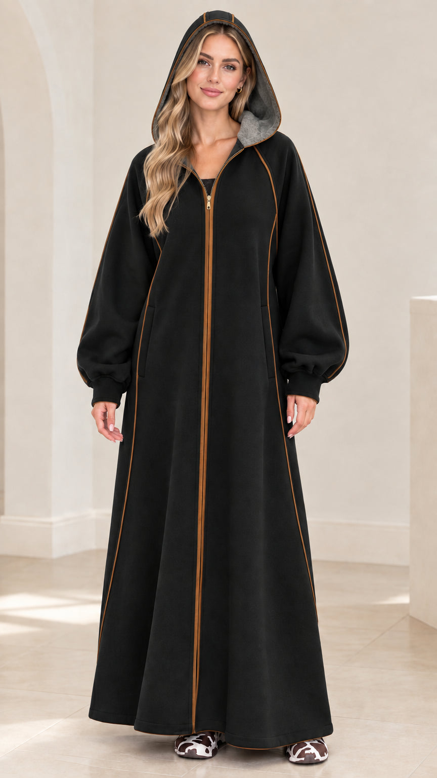 Women's hooded full-zip maxi robe coat in classic black