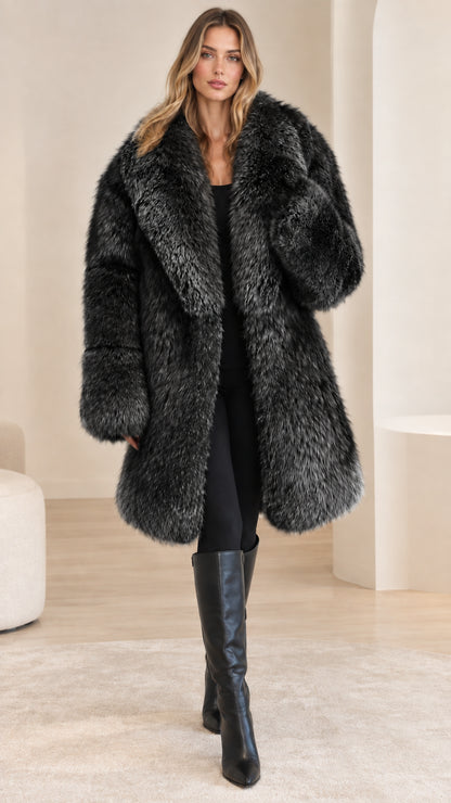 Front view of a black plush faux-fur-look women's coat