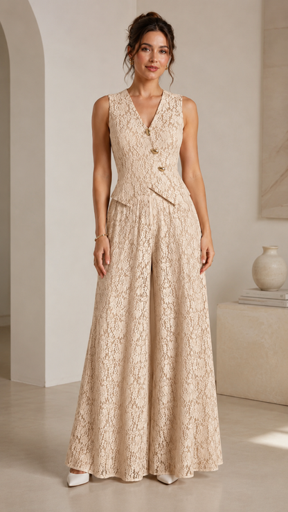 Champagne sleeveless lace wide leg jumpsuit with decorative buttons