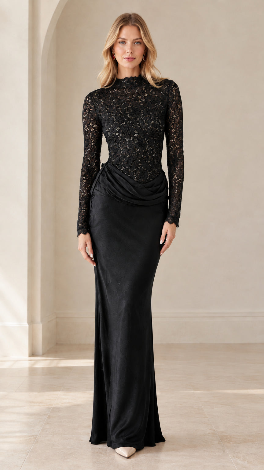 Black mock neck lace long sleeve draped waist maxi formal dress