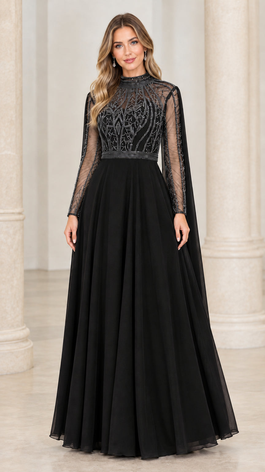 Front full-length view of black high-neck beaded illusion formal evening gown