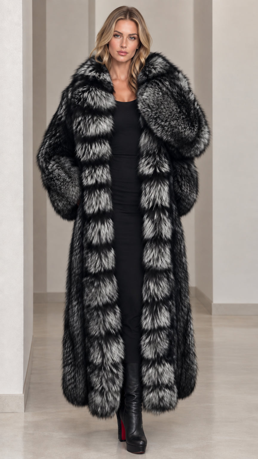 Full-length black and charcoal tipped faux fur maxi coat