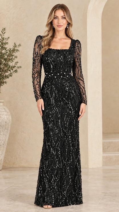 Woman wearing black square neck sequin formal evening gown