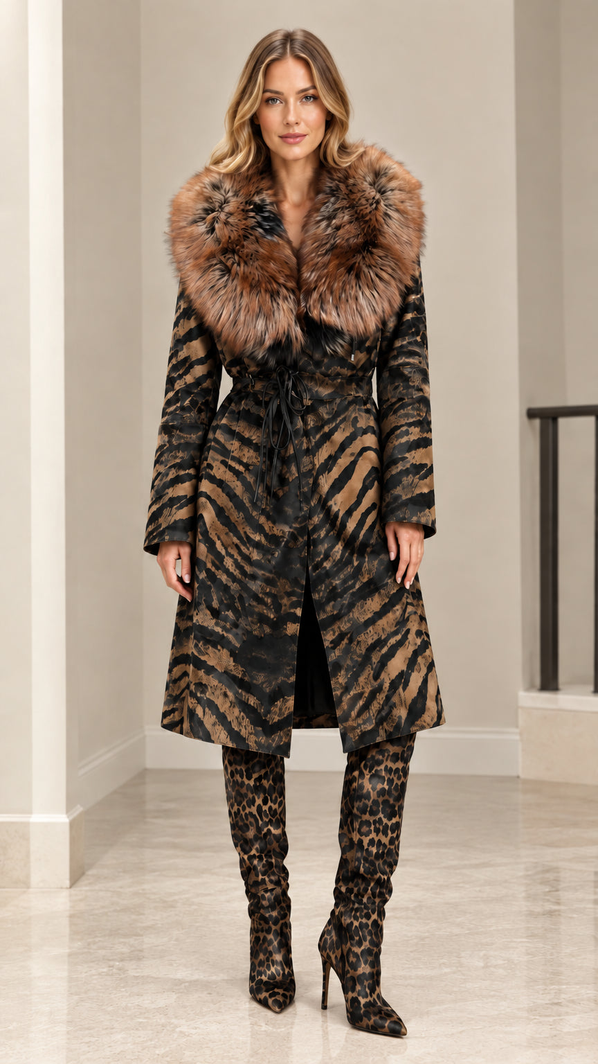 Model wearing Charcoal Olive tiger print long belted coat with faux fur trim