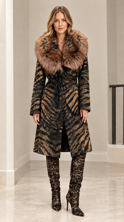 Model wearing Charcoal Olive tiger print long belted coat with faux fur trim