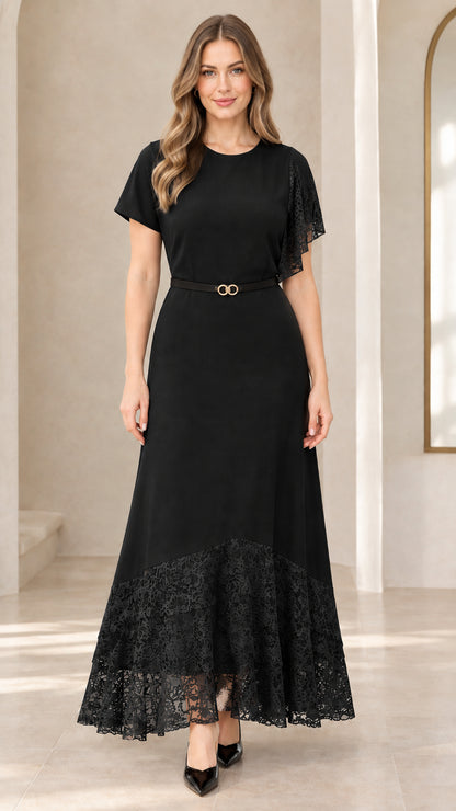 Full front view of black lace patchwork belted maxi dress