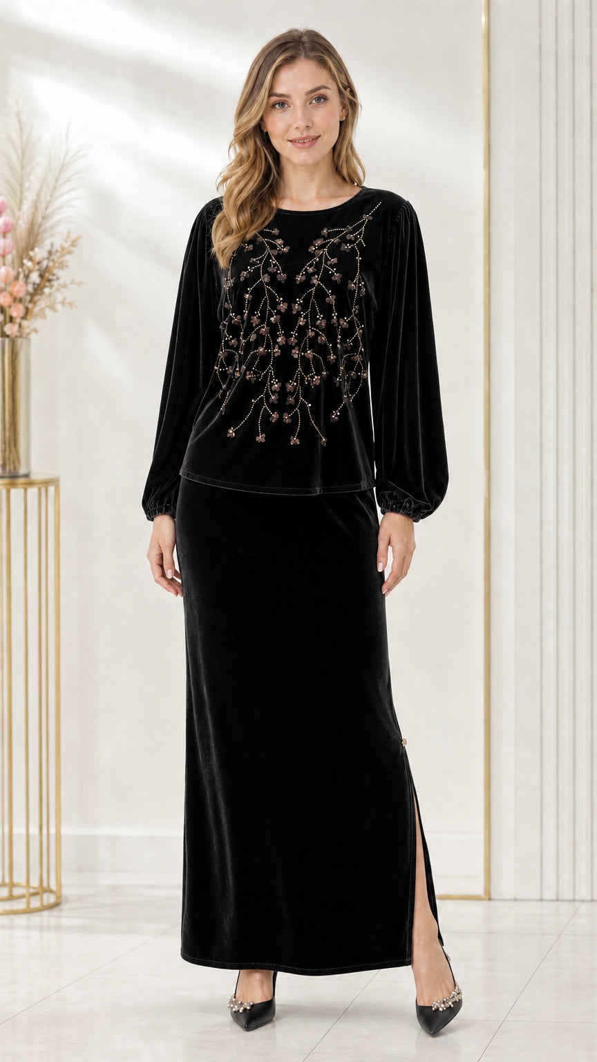 Full-length front view of black beaded velvet two-piece maxi skirt set