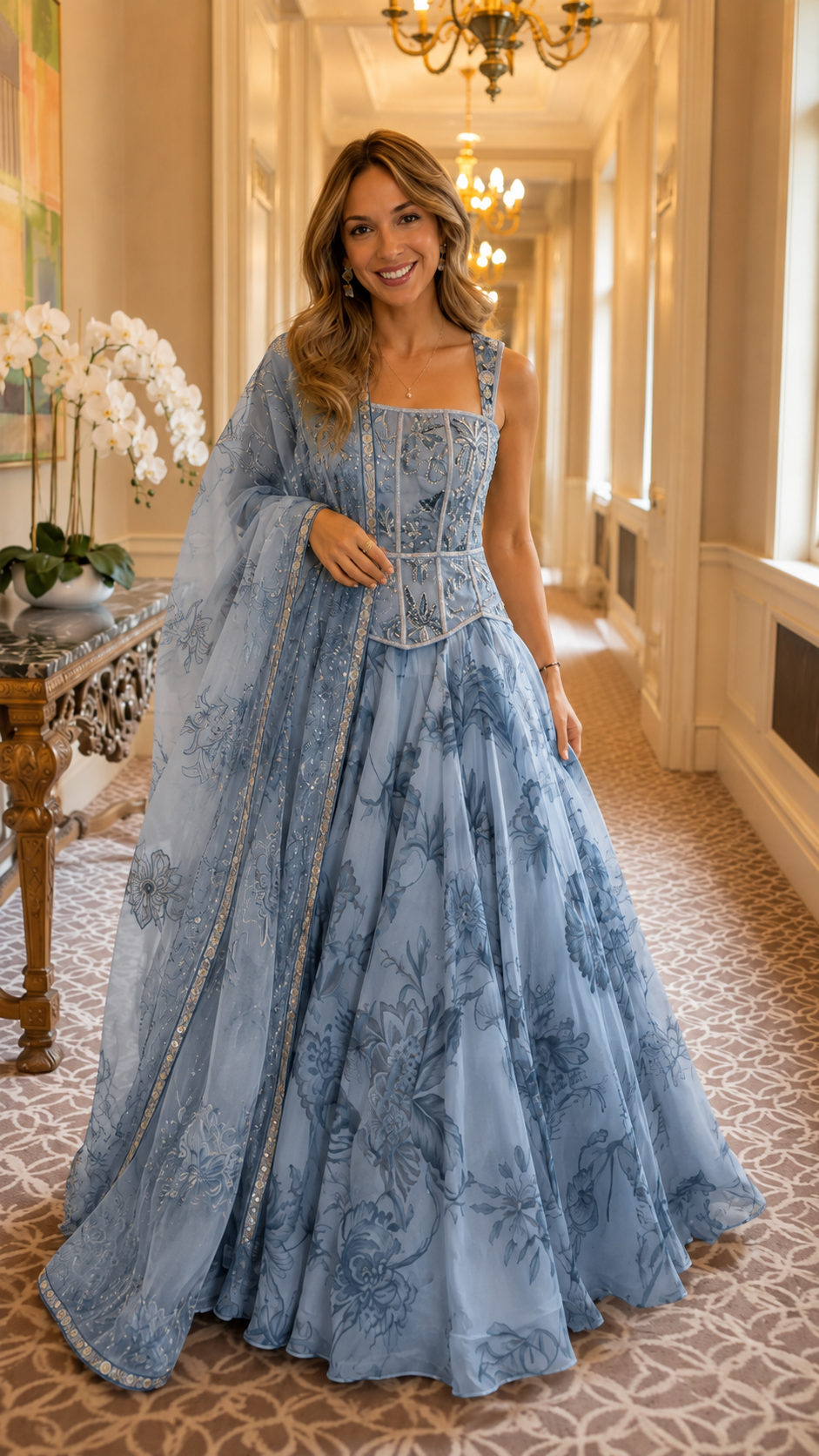 Dusty blue embroidered ball gown with square neckline and voluminous skirt front view
