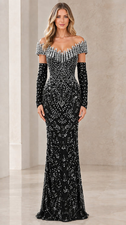 Black off-the-shoulder beaded evening gown with matching opera gloves