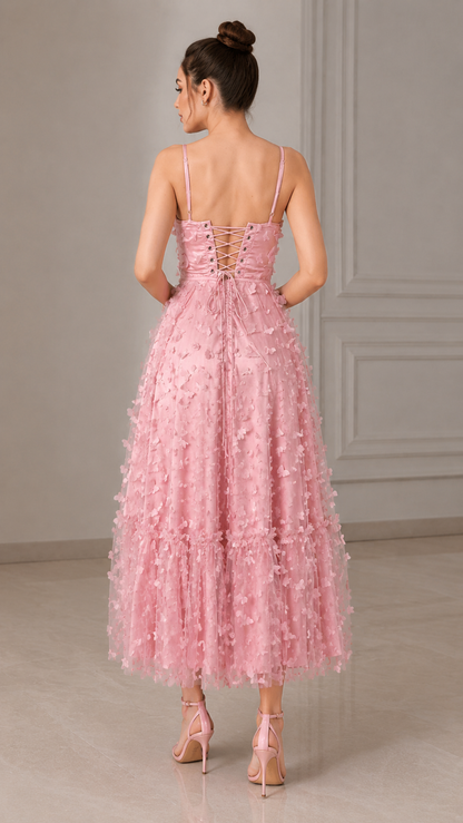 Blush pink 3D floral midi dress back view with lace-up detail