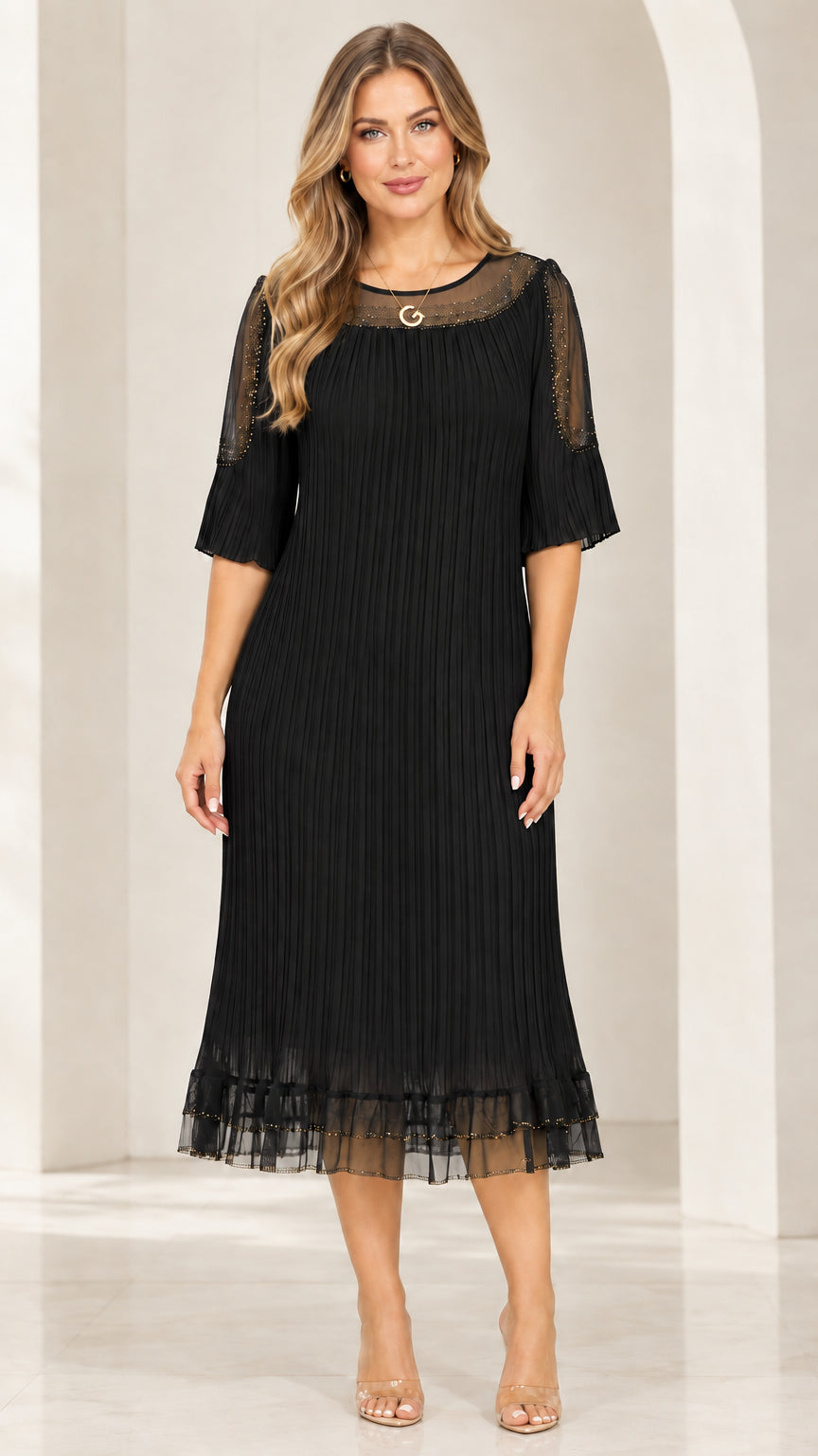 Front view of woman wearing Black rhinestone sheer mesh pleated midi dress