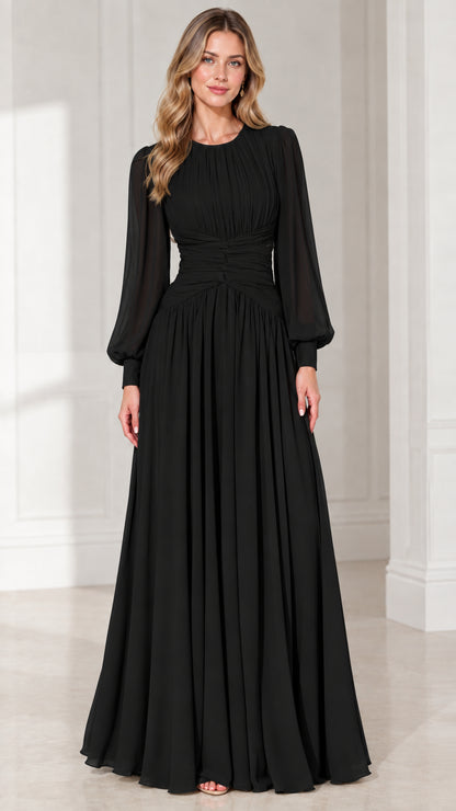 Black long sleeve pleated chiffon formal evening maxi dress