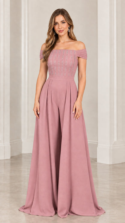 Mauve pink off-the-shoulder embellished wide-leg formal jumpsuit