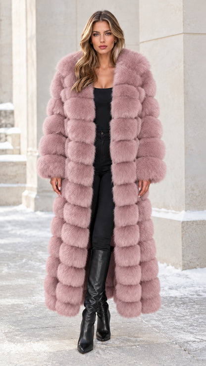 Model wearing dusty pink long maxi paneled faux fur coat