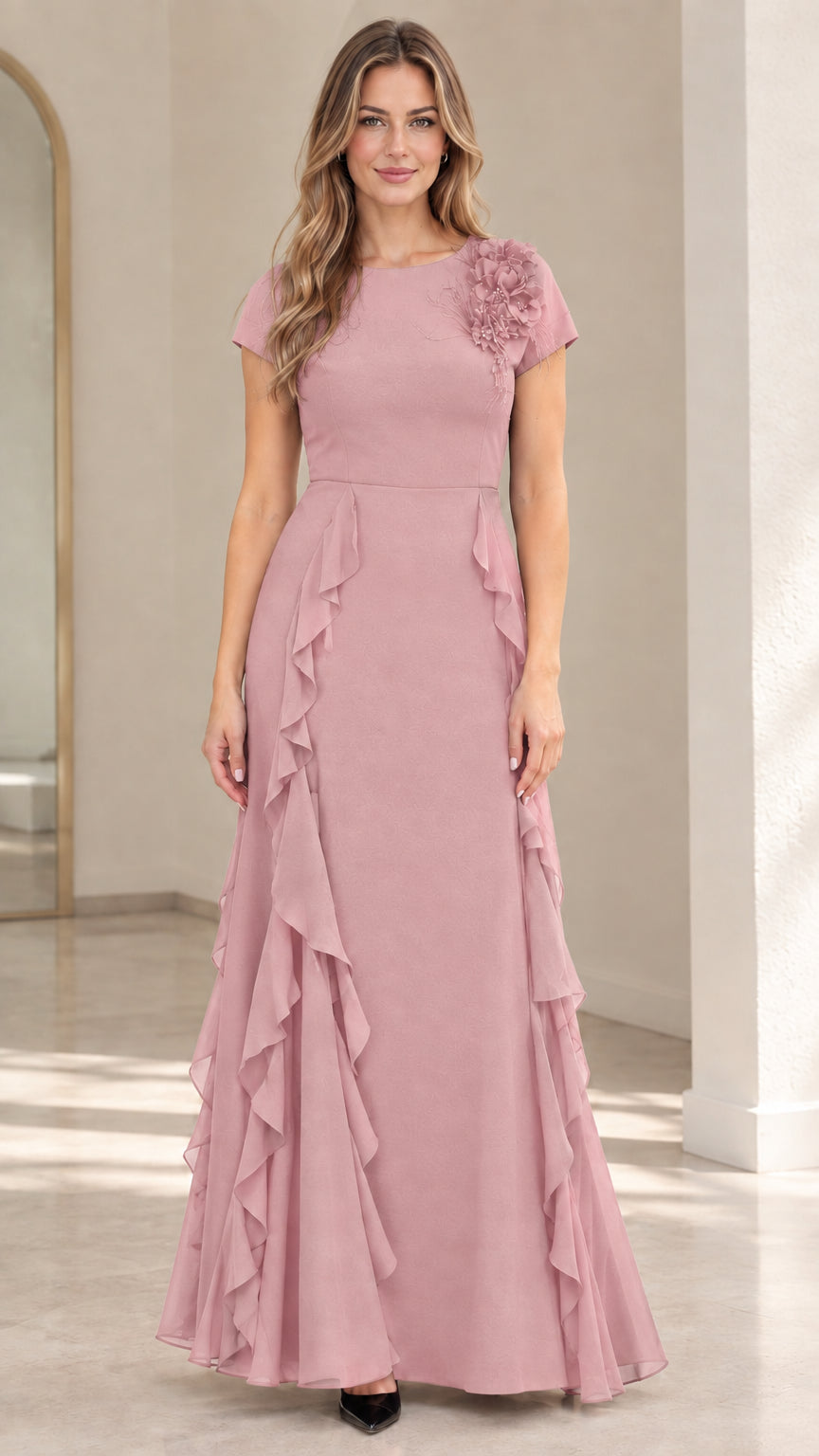 Front view of dusty rose pink formal maxi gown with short sleeves and cascading ruffles